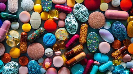 A closeup view reveals a mesmerizing collection of textures  smooth capsules, speckled tablets, and an array of vibrant colors that pique medical curiosity - obrazy, fototapety, plakaty