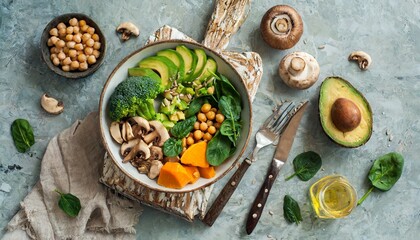 healthy vegan lunch bowl with Avocado, muShroomS, broccoli, spinach, chickpeas