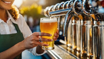 The first tap. Professional barman pouring cold dark craft beer of the first tap into glasses