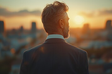 Man overlooking city at sunset deep in thought