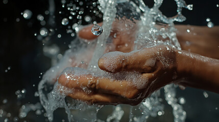 Close-up of hands being washed, capturing the beauty of water droplets in motion