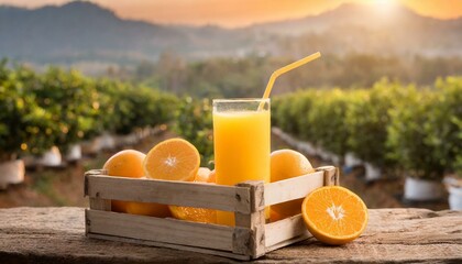 Orange juice with fresh orange in wooden crate in orange farming background