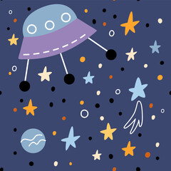 Space background for Kids. Seamless Pattern with cartoon spaceships, planets, stars, comets and UFOs. Vector illustration.