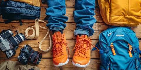 A person is standing on a wooden surface with a backpack, a pair of orange shoes - obrazy, fototapety, plakaty