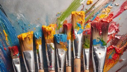 Obraz premium Colorful paint brush splashes on canvas. Row of artist paintbrushes closeup on artistic canvas