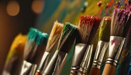 Colorful paint brush splashes on canvas. Row of artist paintbrushes closeup on artistic canvas