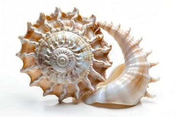Fototapeta premium Intricate beauty of a delicate seashell, its spiral form a testament to the wonders of the sea, isolated on pure white background.