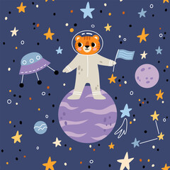 Seamless childish pattern with tiger, planets, rockets and stars. Creative kids texture for fabric, wrapping, textile, wallpaper, apparel. Vector illustration.