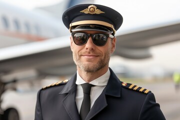 Airline captain with confident smile - obrazy, fototapety, plakaty