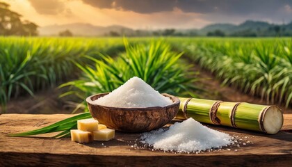 Açúcar branco com cana-de-açúcar fresca em mesa de madeira com fundo agrícola de plantação de cana-de-açúcar - obrazy, fototapety, plakaty