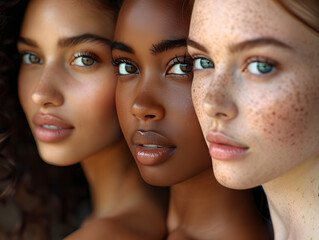 Group portrait of diverse women showcasing natural beauty and smooth skin. Beauty and skincare concept. Design for inclusive beauty brand campaign, diversity in fashion editorial