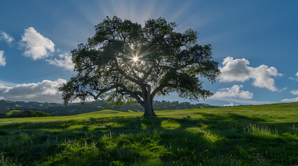 Fototapeta premium Radiant sunrays pierce through the silhouette of a solitary tree, casting long shadows over a vibrant, green meadow