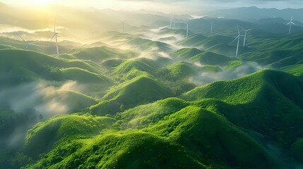 Aerial Perspective of Wind Farm Amidst Rolling Hills - obrazy, fototapety, plakaty