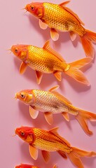 A row of gold and red fish are lined up on a pink background