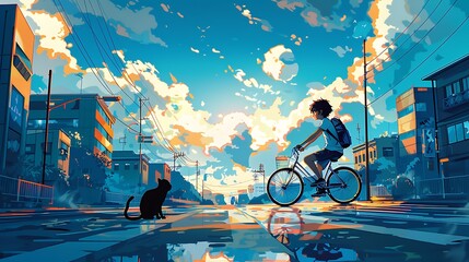Romantic Manga Ride: Boy, Cat, Cityscape, Light Blue, White, Yellow Stripes, Horizontal Composition