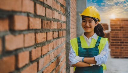 Builder and bricklayer with copy space on a brick and cement wall, woman working with a smile and enterprising 