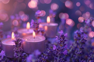 Obraz na płótnie Canvas Harmonious candles on lavender, with dreamy bokeh creating allure.