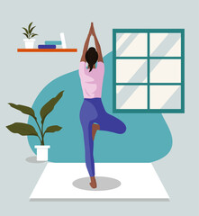 Beautiful black girl in pink, purple, blue colors in sportform in room with plants, window, books, doing yoga, fitness, sport in faceless style for webs, posters, cards