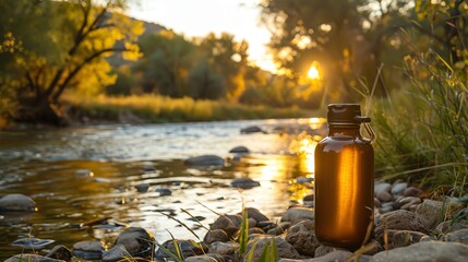 Explore a national park with a durable water bottle, capturing the essence of unspoiled nature - obrazy, fototapety, plakaty