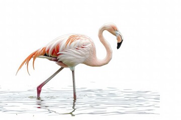 Graceful elegance of a balletic flamingo, its slender neck curved in a graceful arc as it wades through shallow waters, isolated on pure white background.