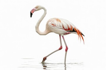 Graceful elegance of a balletic flamingo, its slender neck curved in a graceful arc as it wades through shallow waters, isolated on pure white background.