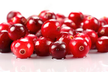 Some red ripe fresh cranberries on isolated white background. Organic farm food, natural forest berries, fresh market, supermarket, healthy products.