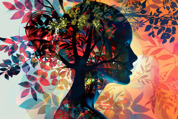 A beautiful woman's silhouette with colorful trees growing out of her head, in the style of digital art.
