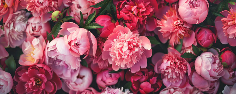 A panoramic image filled with the lush fullness of blooming peonies, showcasing a range of pinks from soft to deep magenta, capturing the essence of a vibrant spring or summer garden.