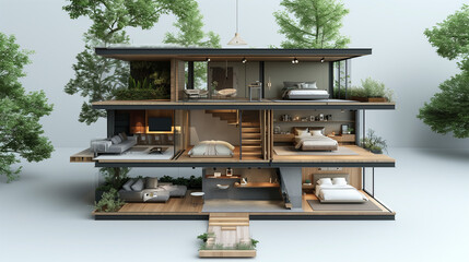 Living room near big tree on tiny earth land with green grass in real estate sale or property investment concept. Isometric low poly part of house 3d rendering.  ai generated