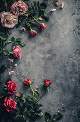 Dark grey background with roses and eucalyptus leaves on left, empty space for text.