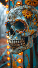 Colorfully weathered skeleton on display at eclectic outdoor venue in daylight. Generative AI