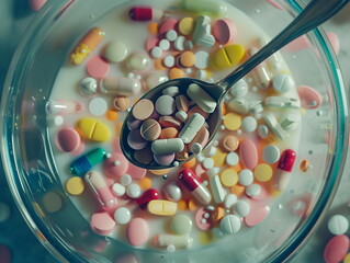 A bowl or plate with colorful and white pills in milk. Spoonfull of tablets. Health problems. Thought-provoking concept. Antibiotics, nutritions, vitamin. Social problems. Surreal