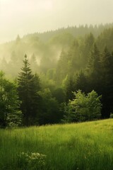 Landscape - morning mist, mountain forest, rising sun, green grass