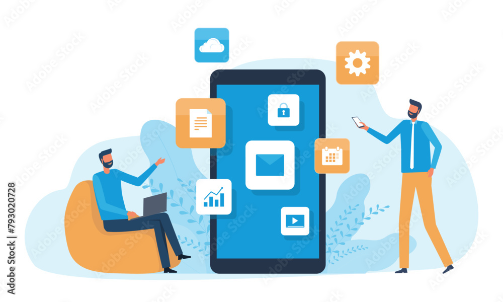 Poster business people team using mobile phones applications or smartphones for smart working meeting concepts. technology internet wireless communication connection. flat vector illustration design.

