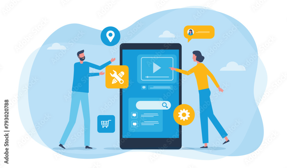 Wall mural flat vector mobile application developer and designer team planning process working concept. busines