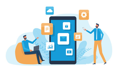 business people team using mobile phones applications or smartphones for smart working meeting concepts. technology internet wireless communication connection. flat vector illustration design.
