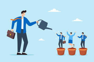Businessman manager watering talented staff in flower pots illustrating talent development, career growth, and investment in training. Concept of employee potential, and coaching to develop skills