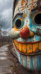 Colorfully weathered skeleton on display at eclectic outdoor venue in daylight. Generative AI