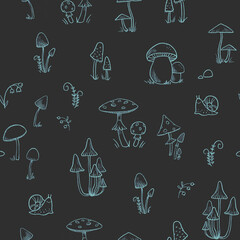 Cute seamless pattern with digital hand drawn abstract forest mushrooms flowers and snails. Kids wallpapers. Nice mushroom pattern.