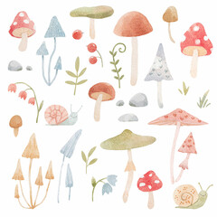 Cute illustration with watercolor hand drawn abstract forest mushrooms flowers and snails. Kids clip art. Nice mushroom illustration.