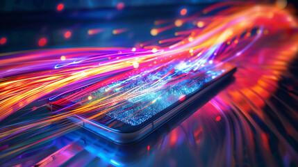 A modern smartphone emitting vibrant light trails.