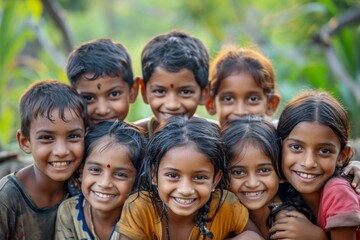 Group of indian kids smiling and looking at camera in rural India
