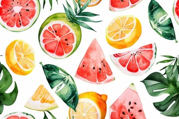 Watercolor seamless Illustration of summer with various types of different fruits, flowers, concept of the arrival and onset of summer. Concept for wrapped cover paper