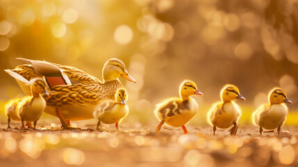 Ducklings with bright eyes and fluffy feathers following their mother duck in a row, creating a charming scene.