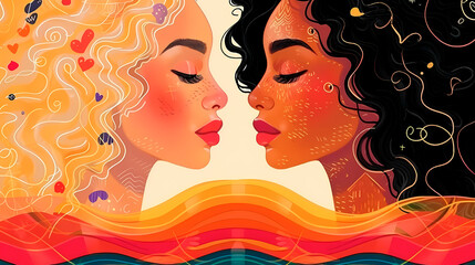 An intimate portrayal of two women with diverse beauty, their faces close, draped in rainbow hues, embodying the love and acceptance within the gay and LGTBIQ+ community