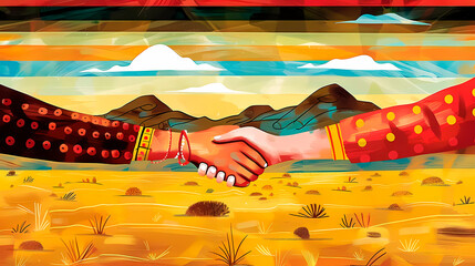 This vibrant illustration depicts a heartfelt handshake between two individuals in a desert, symbolizing gay solidarity and LGTBIQ+ friendship