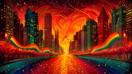 This illustration depicts a vivid, colorful cityscape with a road paved by a radiant rainbow, symbolizing gay pride and LGTBIQ+ unity