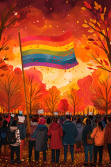 A powerful illustration of a crowd gathering under a fiery sky, raising the LGTBIQ+ pride flag in a moment of solidarity and celebration
