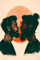 This delicate illustration captures two male silhouettes facing each other, reflecting a moment of gay intimacy and LGTBIQ+ connection