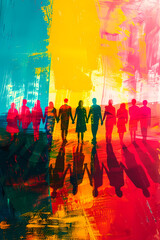 This vibrant illustration depicts silhouettes of diverse people holding hands, symbolizing gay pride and LGTBIQ+ unity in an abstract artistic representation